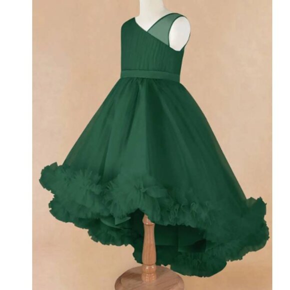 Azazie Lottie Flower Girl Satin Tulle High Low Dress Party Dark Green Size 6 - Picture 1 of 6